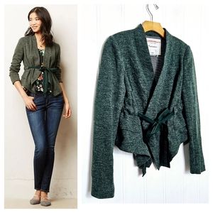 Anthro Cartonnier Green Draped Peplum Jacket Tie Waist Soft Tailored Size XS